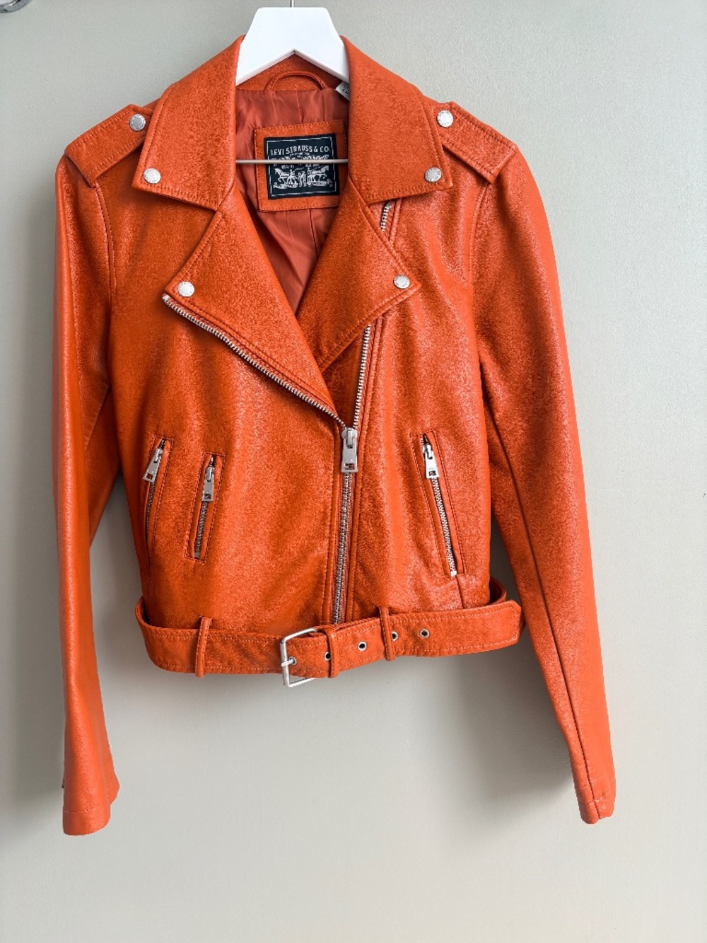 Levi's Faux Leather Moto Biker Jacket Orange Burnt Orange Belted
